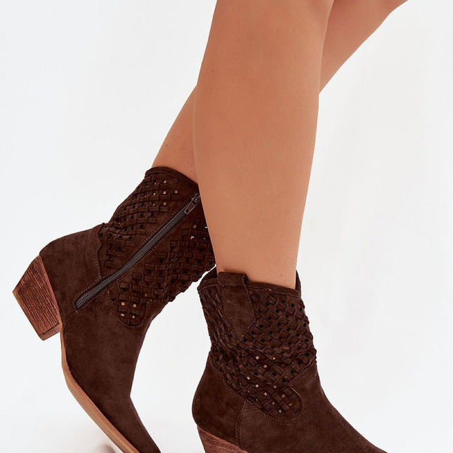 Womens Eco Suede Ankle Boots With Lacy Upper And Beveled Heel - Très Elite