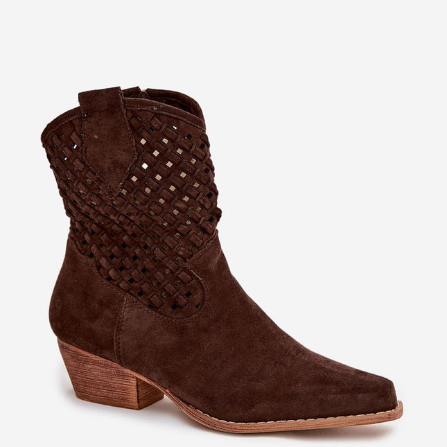 Womens Eco Suede Ankle Boots With Lacy Upper And Beveled Heel - Très Elite