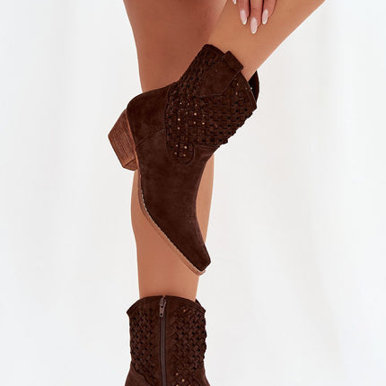 Womens Eco Suede Ankle Boots With Lacy Upper And Beveled Heel - Très Elite
