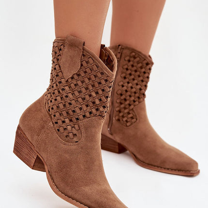 Womens Eco Suede Ankle Boots With Lacy Upper And Beveled Heel - Très Elite