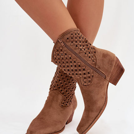Womens Eco Suede Ankle Boots With Lacy Upper And Beveled Heel - Très Elite