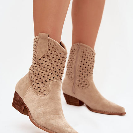 Womens Eco Suede Ankle Boots With Lacy Upper And Beveled Heel - Très Elite