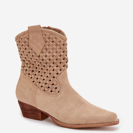 Womens Eco Suede Ankle Boots With Lacy Upper And Beveled Heel - Très Elite