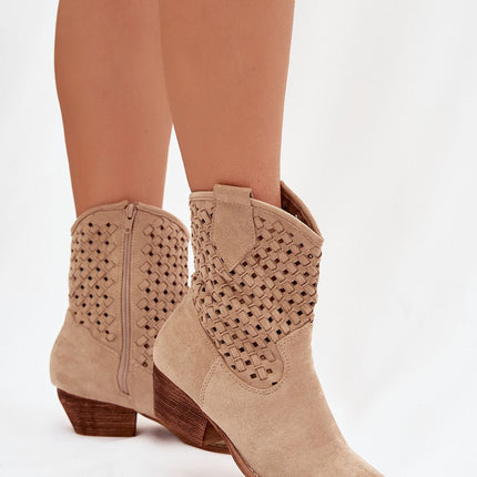 Womens Eco Suede Ankle Boots With Lacy Upper And Beveled Heel - Très Elite