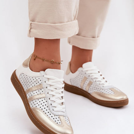 Women Leather And Suede Lace Up Sneakers Openwork Breathable Comfort - Très Elite
