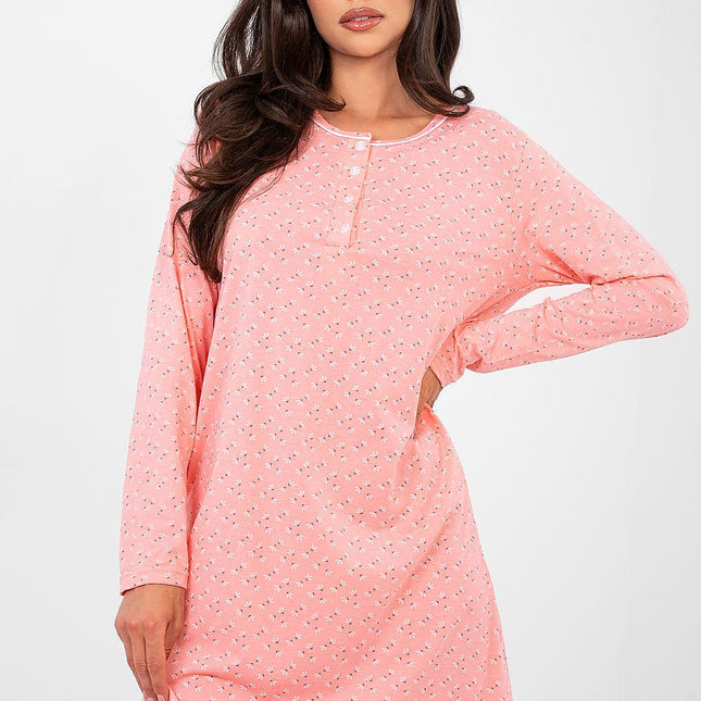 Breathable Cotton Nightshirt With Subtle Print And Button Front Round Neckline - Très Elite