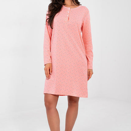Breathable Cotton Nightshirt With Subtle Print And Button Front Round Neckline - Très Elite
