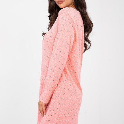 Breathable Cotton Nightshirt With Subtle Print And Button Front Round Neckline - Très Elite