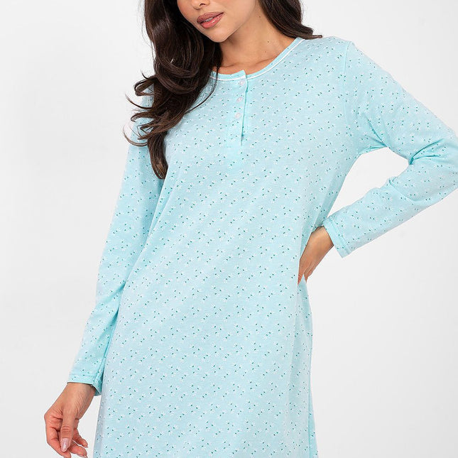 Soft Cotton Nightshirt With Printed Design And Button Front Round Neck - Très Elite