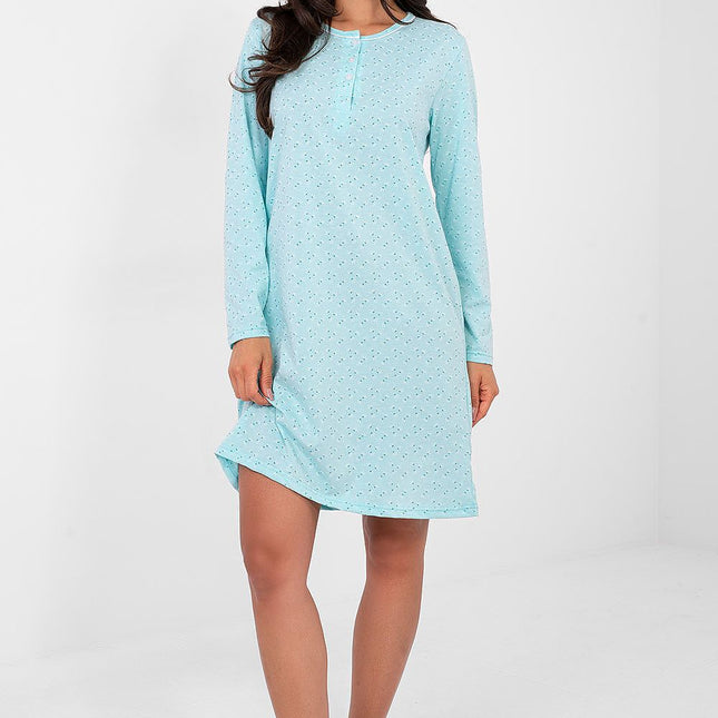 Soft Cotton Nightshirt With Printed Design And Button Front Round Neck - Très Elite