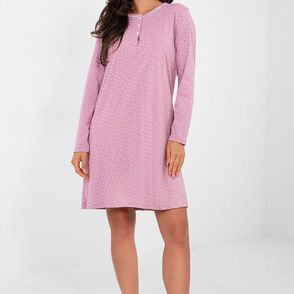 Breathable Cotton Nightdress With Print Round Neck Four Button Front Closure - Très Elite