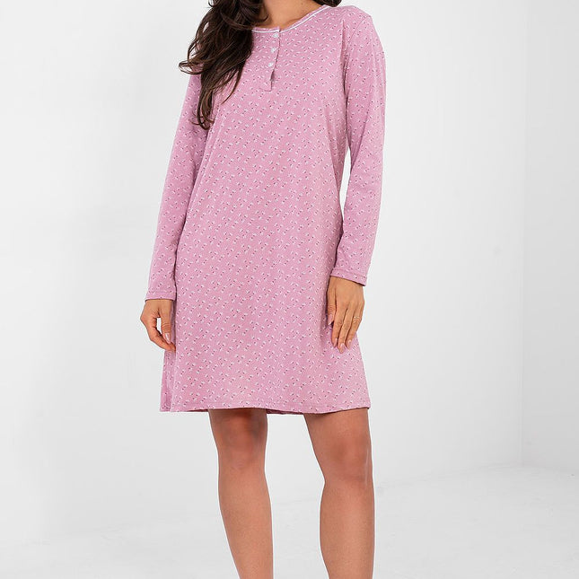 Breathable Cotton Nightdress With Print Round Neck Four Button Front Closure - Très Elite
