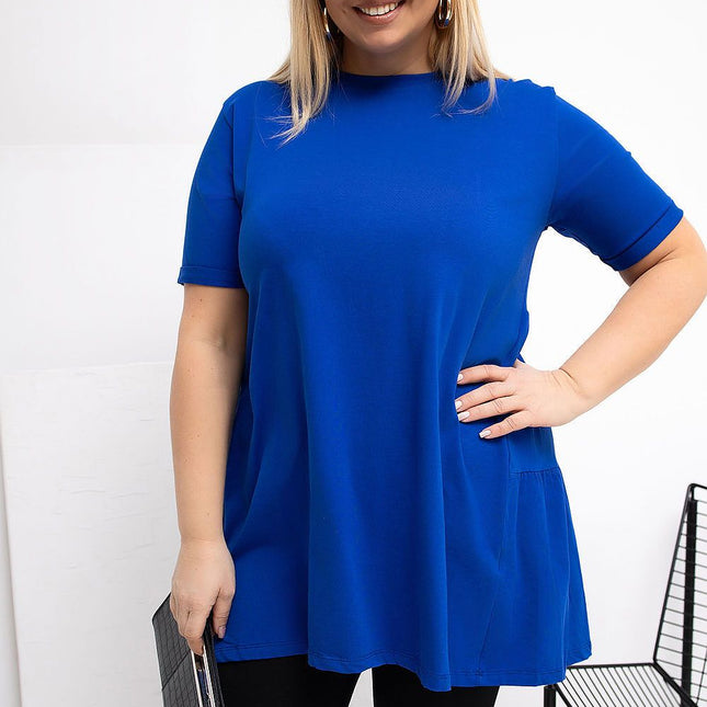 Plus Size Cotton Elastane Blouse With Round Neck And Short Sleeves - Très Elite