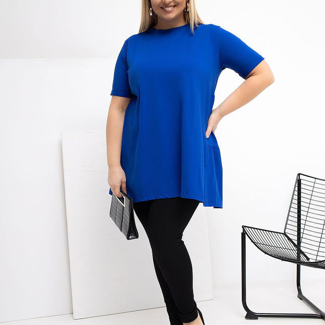 Plus Size Cotton Elastane Blouse With Round Neck And Short Sleeves - Très Elite