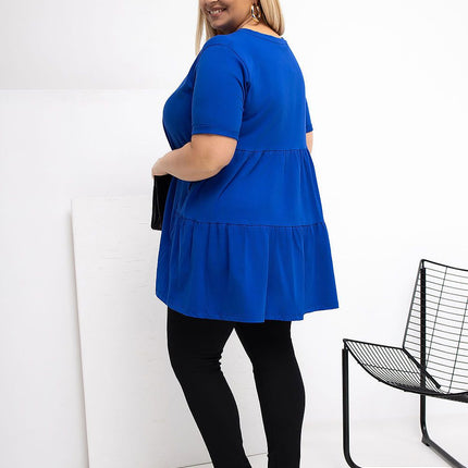 Plus Size Cotton Elastane Blouse With Round Neck And Short Sleeves - Très Elite