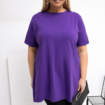 Plus Size Cotton Elastane Blouse With Round Neck And Short Sleeves - Très Elite