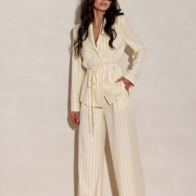Womens Wide Leg Trousers With Subtle Vertical Stripes For An Elegant Silhouette - Très Elite