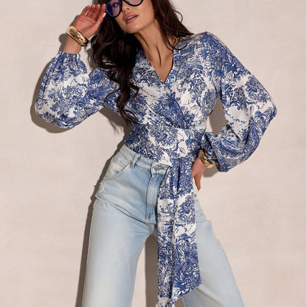 Wrap Front Blouse With Tie Waist And Decorative Pattern For Elegant Comfort - Très Elite