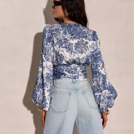 Wrap Front Blouse With Tie Waist And Decorative Pattern For Elegant Comfort - Très Elite