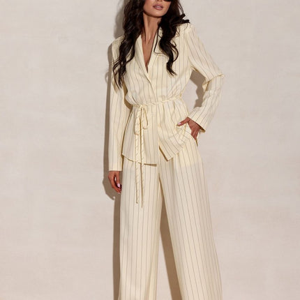 Blazer Inspired Long Sleeve Blouse With Tie Waist And Vertical Stripes - Très Elite