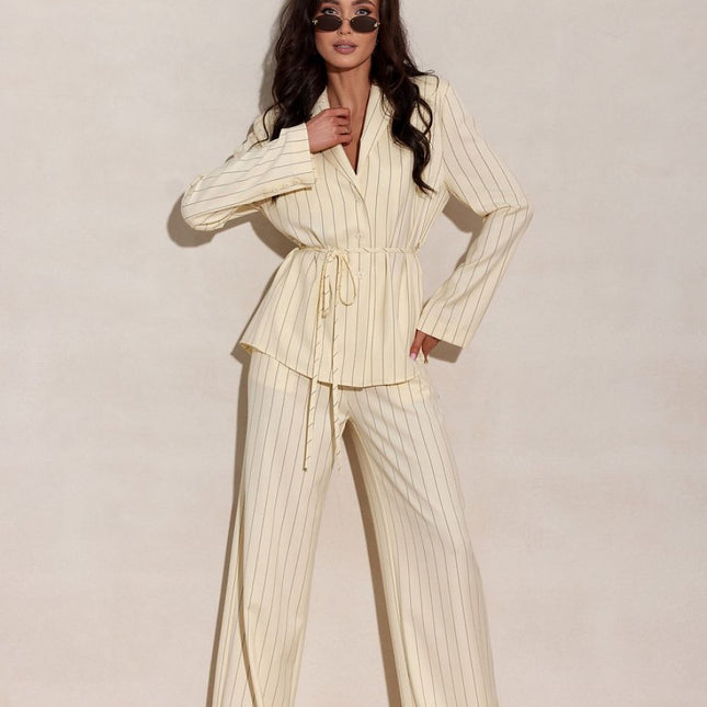 Blazer Inspired Long Sleeve Blouse With Tie Waist And Vertical Stripes - Très Elite