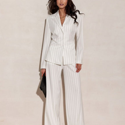Blazer Inspired Long Sleeve Blouse With Tie Waist And Vertical Stripes - Très Elite