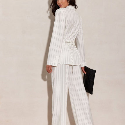 Blazer Inspired Long Sleeve Blouse With Tie Waist And Vertical Stripes - Très Elite