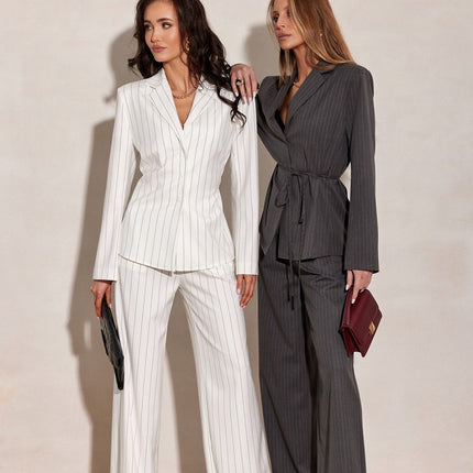 Blazer Inspired Long Sleeve Blouse With Tie Waist And Vertical Stripes - Très Elite