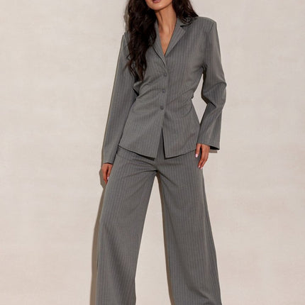 Blazer Inspired Long Sleeve Blouse With Tie Waist And Vertical Stripes - Très Elite