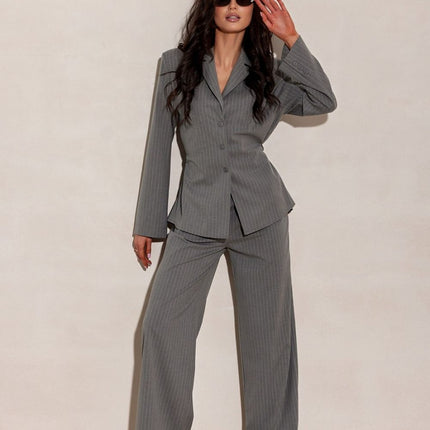 Blazer Inspired Long Sleeve Blouse With Tie Waist And Vertical Stripes - Très Elite