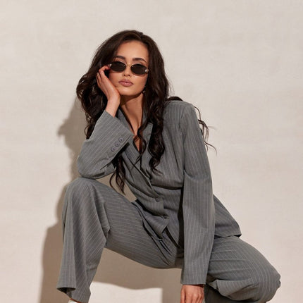 Blazer Inspired Long Sleeve Blouse With Tie Waist And Vertical Stripes - Très Elite