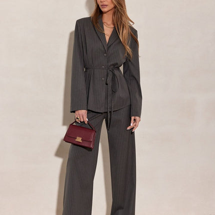 Blazer Inspired Long Sleeve Blouse With Tie Waist And Vertical Stripes - Très Elite