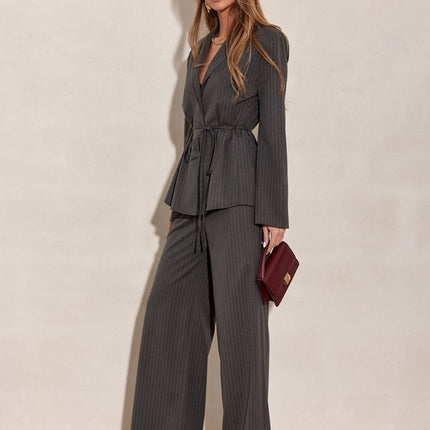 Blazer Inspired Long Sleeve Blouse With Tie Waist And Vertical Stripes - Très Elite