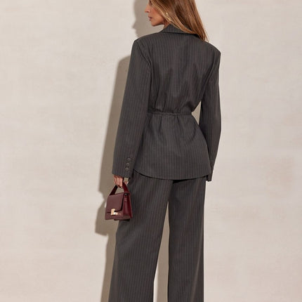 Blazer Inspired Long Sleeve Blouse With Tie Waist And Vertical Stripes - Très Elite