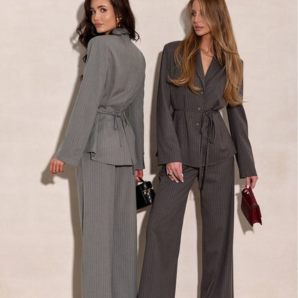 Blazer Inspired Long Sleeve Blouse With Tie Waist And Vertical Stripes - Très Elite