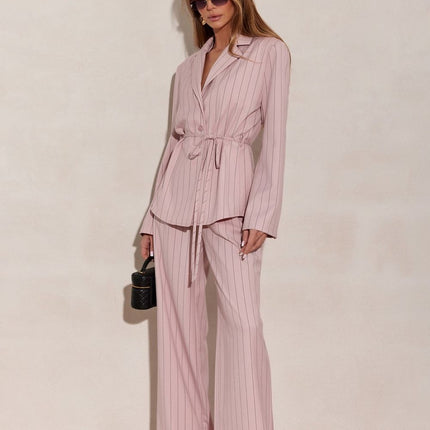 Blazer Inspired Long Sleeve Blouse With Tie Waist And Vertical Stripes - Très Elite