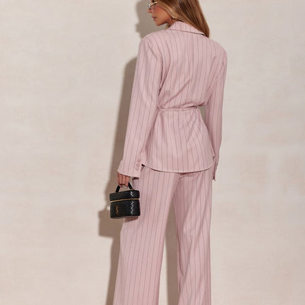 Blazer Inspired Long Sleeve Blouse With Tie Waist And Vertical Stripes - Très Elite