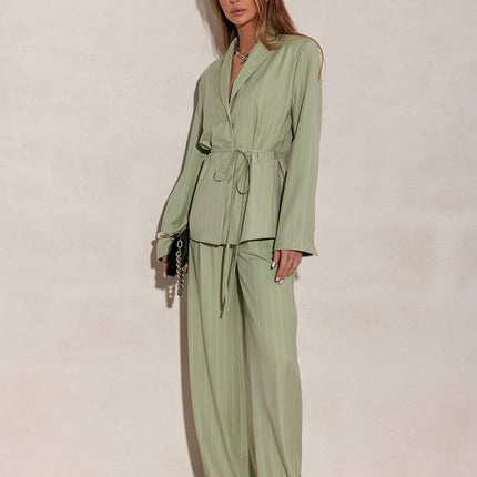 Blazer Inspired Long Sleeve Blouse With Tie Waist And Vertical Stripes - Très Elite
