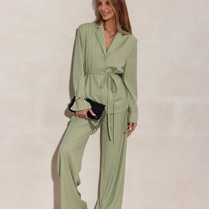 Blazer Inspired Long Sleeve Blouse With Tie Waist And Vertical Stripes - Très Elite