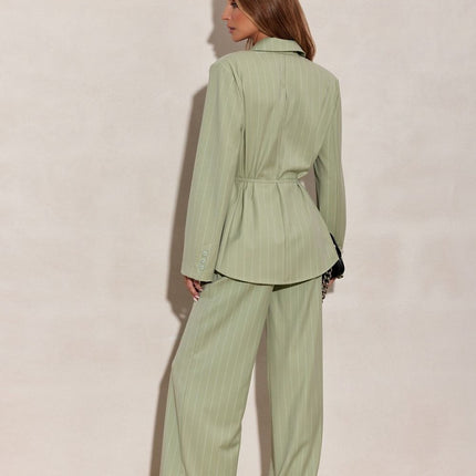 Blazer Inspired Long Sleeve Blouse With Tie Waist And Vertical Stripes - Très Elite