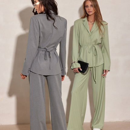 Blazer Inspired Long Sleeve Blouse With Tie Waist And Vertical Stripes - Très Elite