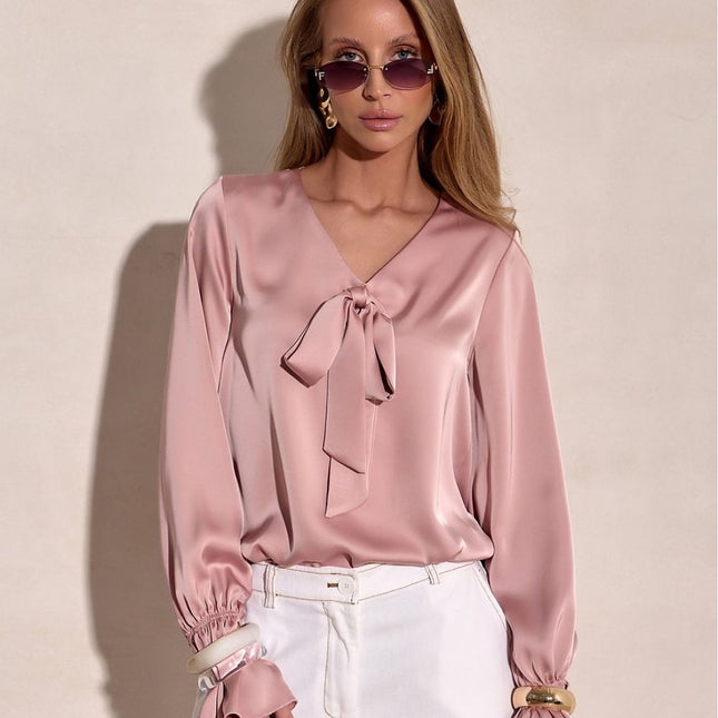Elegant Loose Fit Blouse With V Neck And Decorative Bow Cuffs Sewn In Poland - Très Elite- Très Elite