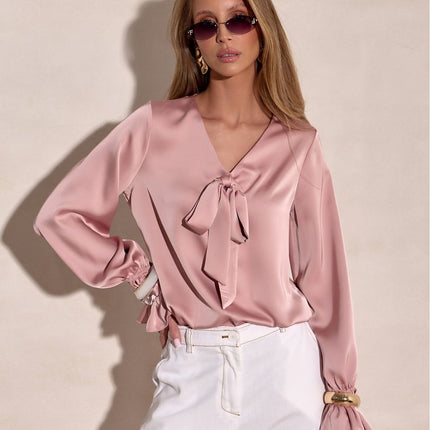 Elegant Loose Fit Blouse With V Neck And Decorative Bow Cuffs Sewn In Poland - Très Elite