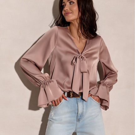 Elegant Loose Fit Blouse With V Neck And Decorative Bow Cuffs Sewn In Poland - Très Elite