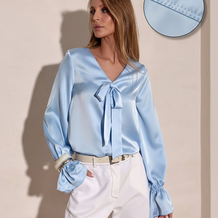 Elegant Loose Fit Blouse With V Neck And Decorative Bow Cuffs Sewn In Poland - Très Elite