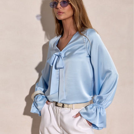 Elegant Loose Fit Blouse With V Neck And Decorative Bow Cuffs Sewn In Poland - Très Elite