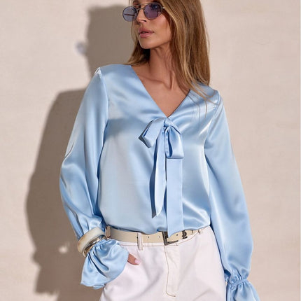 Elegant Loose Fit Blouse With V Neck And Decorative Bow Cuffs Sewn In Poland - Très Elite