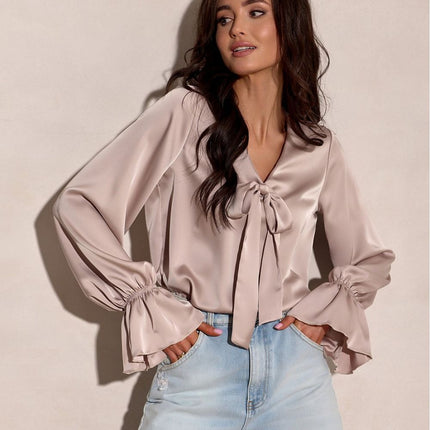 Elegant Loose Fit Blouse With V Neck And Decorative Bow Cuffs Sewn In Poland - Très Elite