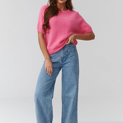 Women's Short Sleeve Oversized Knit Sweater For Transitional Seasons - Très Elite