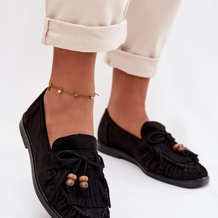 Womens Eco Suede Moccasins Fringed With Beaded Bow - Très Elite